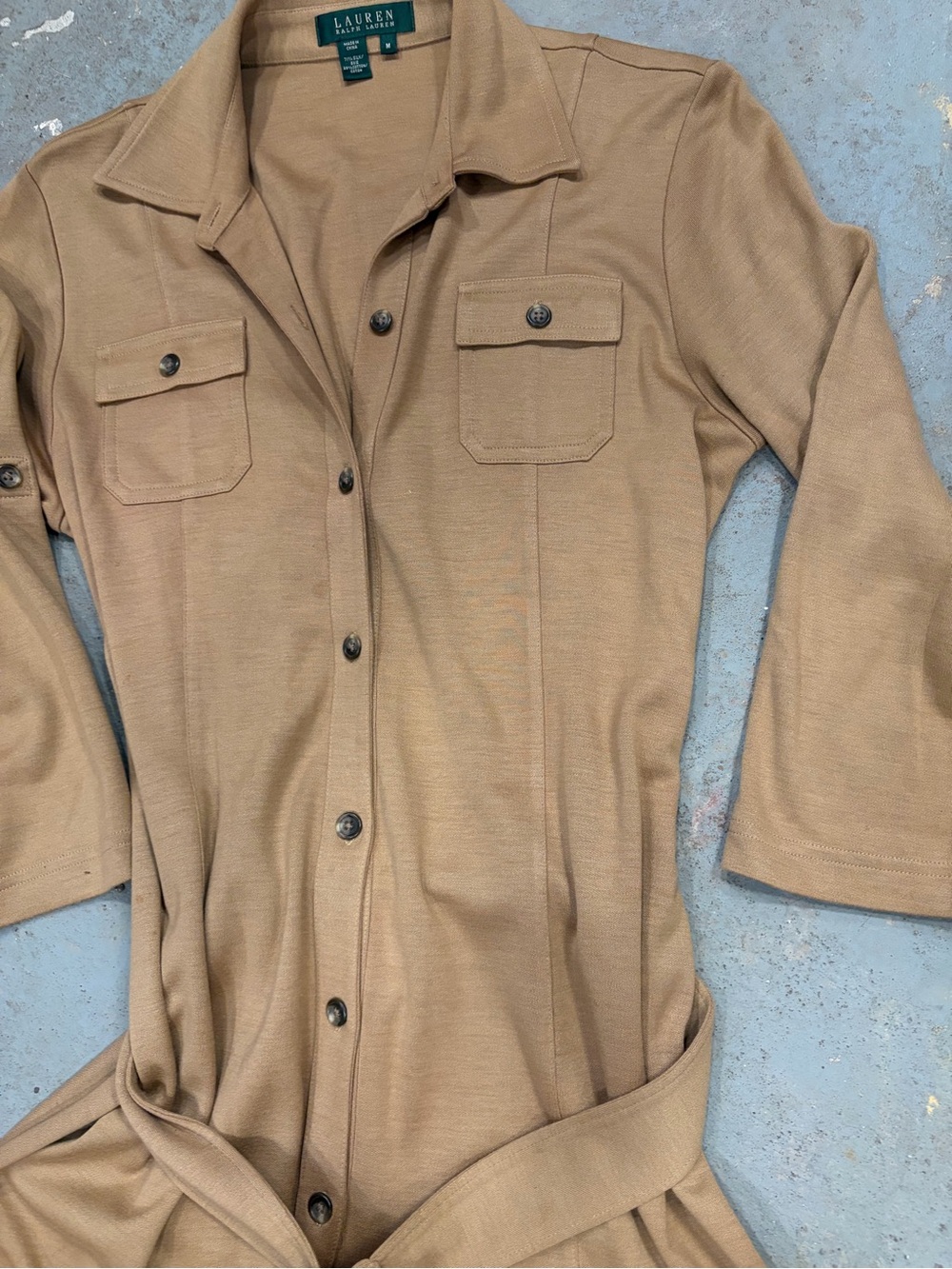 Lauren Ralph Lauren Tan Button-Front Silk blend Belted Shirt Dress - Picture 5 of 13